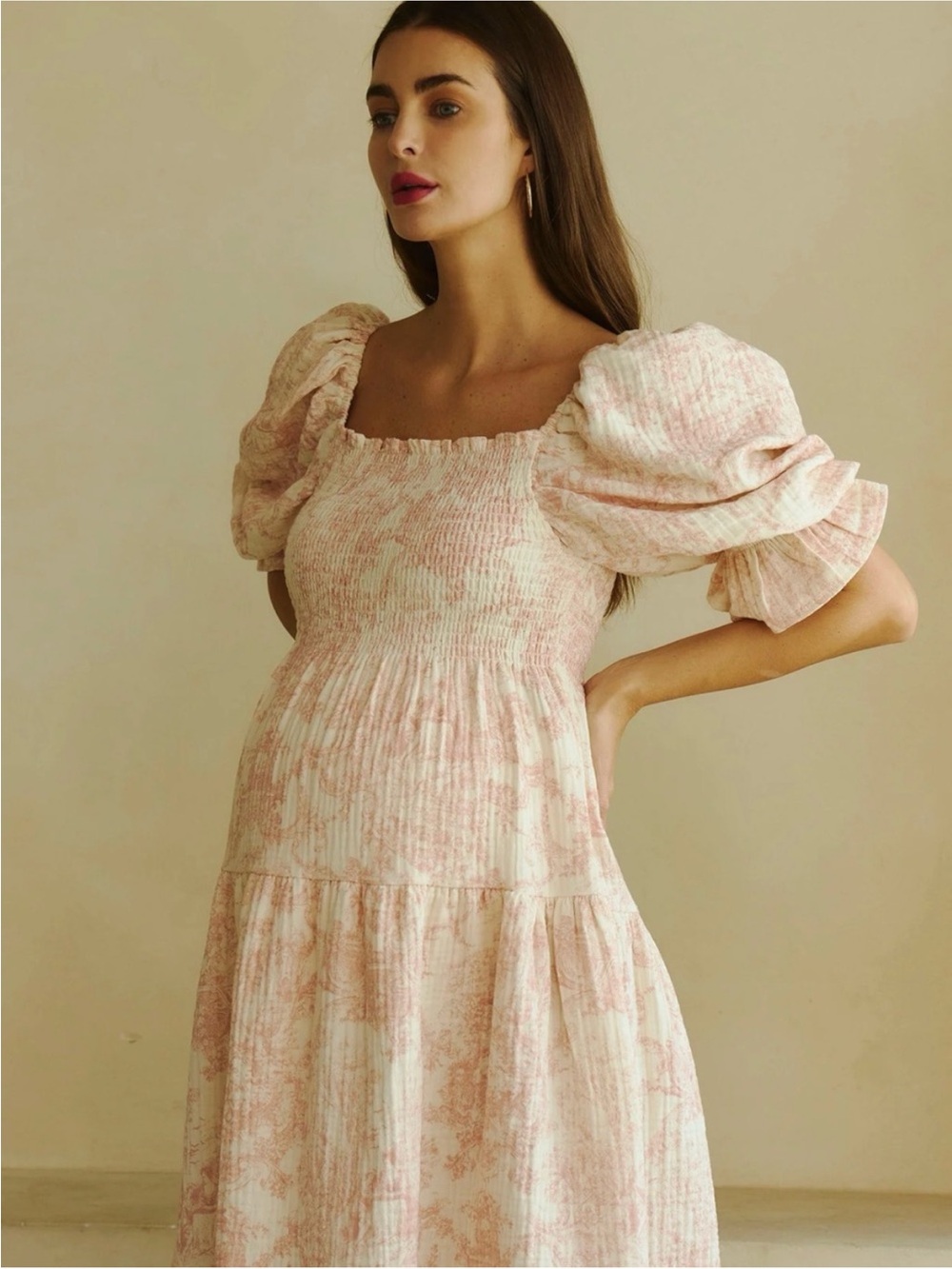Nothing Fits But Smocked Puff Sleeve Midi Dress in Blush